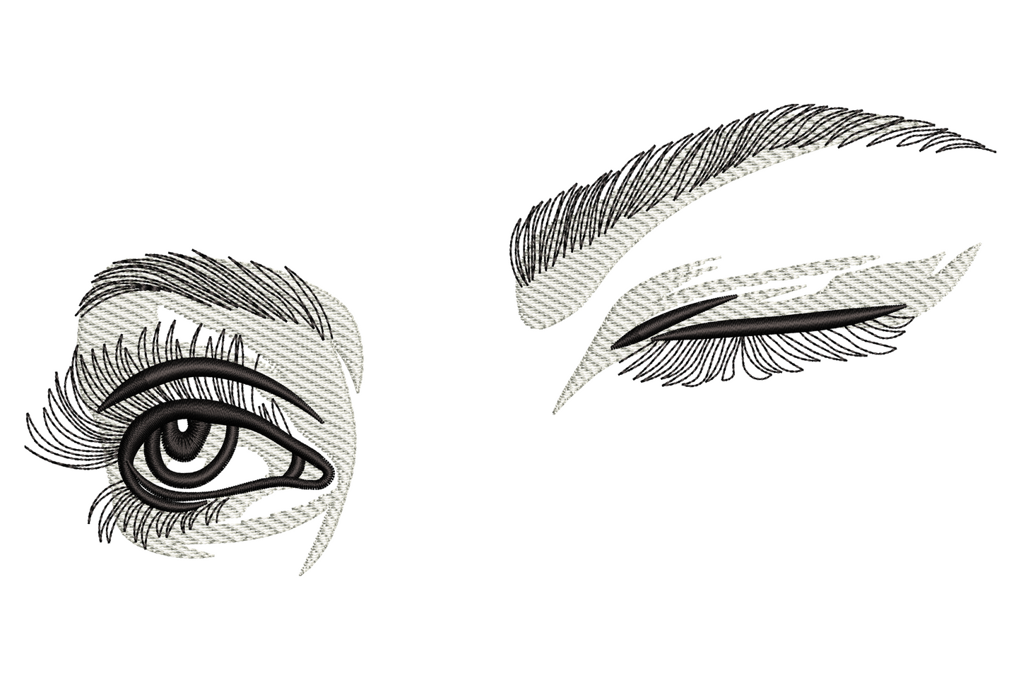 Minimalist eye embroidery design, side-profile eye with dramatic lashes and feather extension, 2 colours, fine line work on dark fabric.