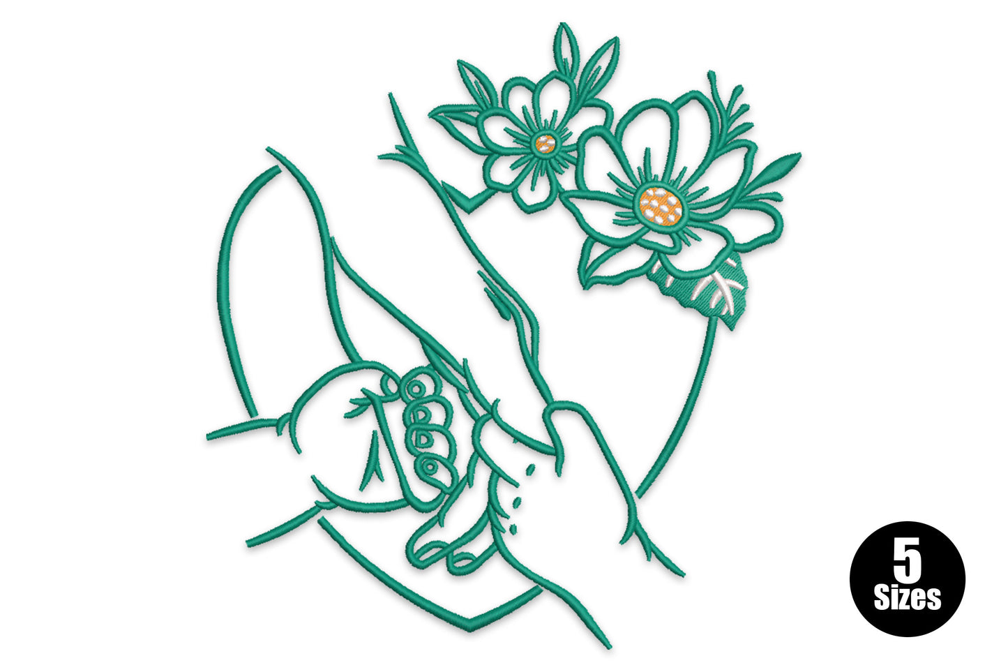Minimalist floral hands outline embroidery design with two hands cradling wildflower stems in teal thread and warm orange flower centres.