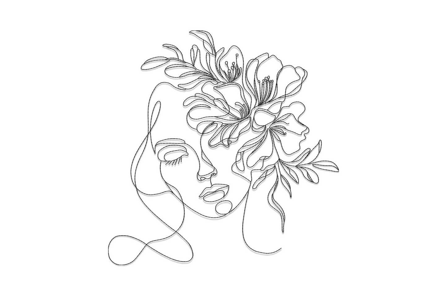 Minimalist single-colour line art embroidery of a woman with flowers in her hair, 5 sizes from 3.5 to 7.5 inches