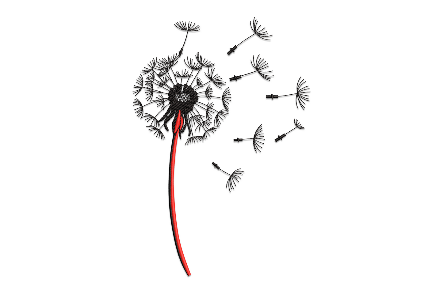 Minimalist dandelion embroidery, fine black line seed head with red curved stem, seeds drifting, botanical floral design