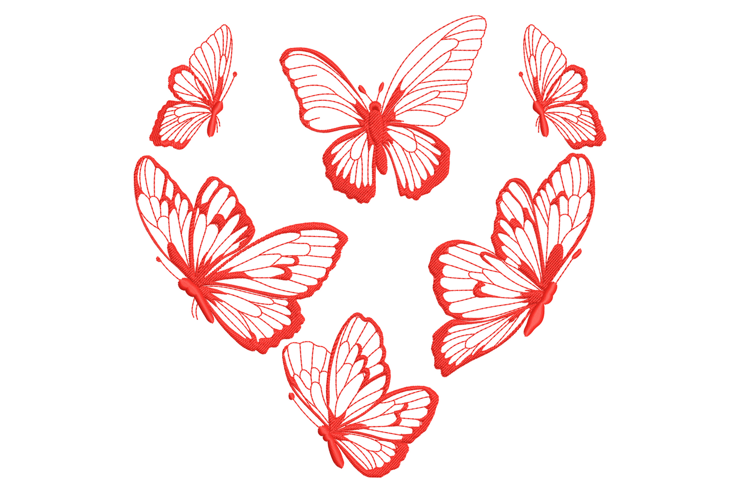 Minimalist flying butterflies embroidery, seven red butterflies arranged in a heart shape with delicate wing vein lines.