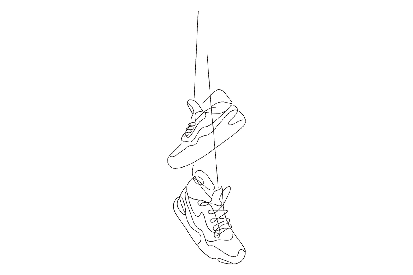 Minimalist hanging sneakers embroidery design, pair of shoes dangling by laces in black outline style, 1 color, 9 sizes