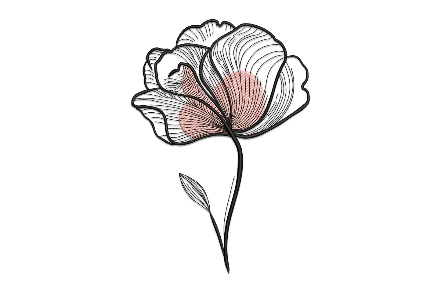 Minimalist line art flower embroidery, blush pink centre fill, black outline petals on a straight stem with two small leaves.