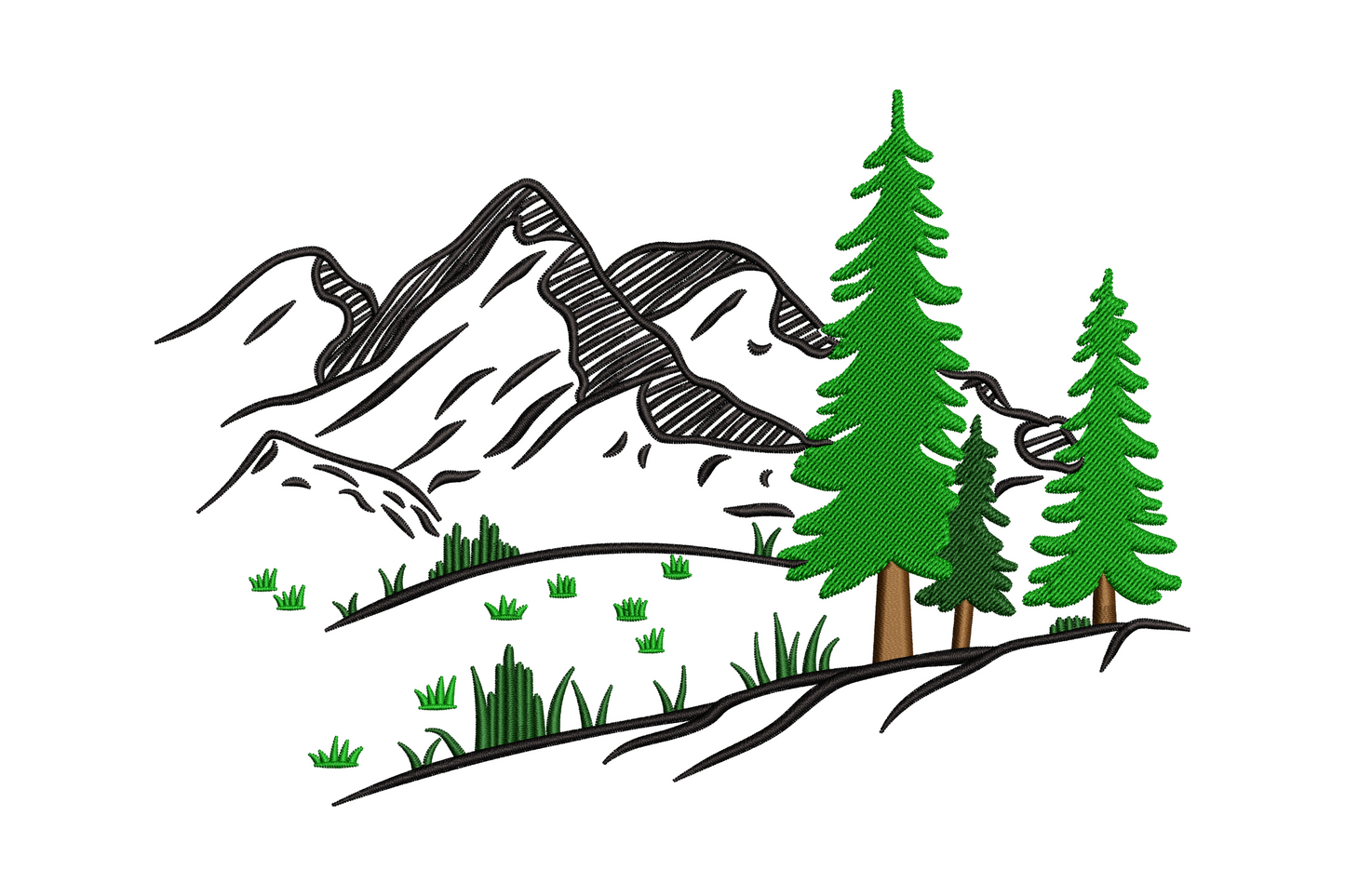 Minimalist mountain landscape machine embroidery design, geometric peaks with pine trees and sun disc, four colours, dark and grey-blue on white background.