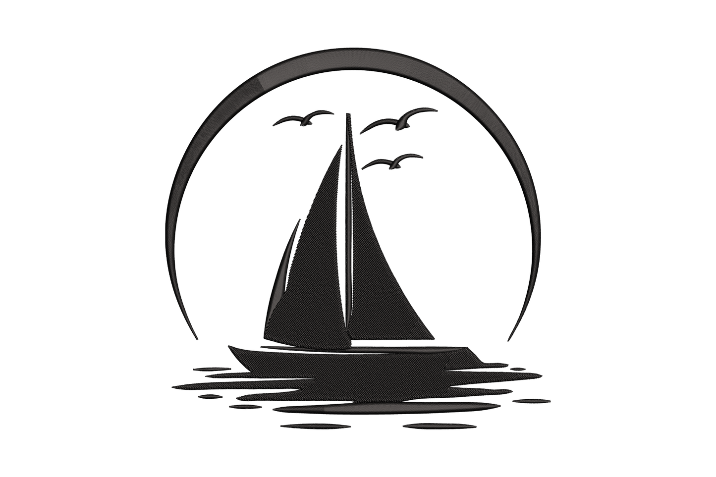 Minimalist sailboat sunset embroidery design, circle frame with seagulls, 5 sizes 3.5 to 7.5 inches, black silhouette
