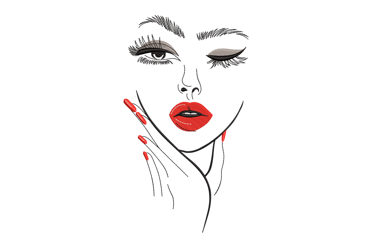 Minimalist woman face embroidery design with winking eye, heavy lashes, red lips and red nails, fashion illustration style.
