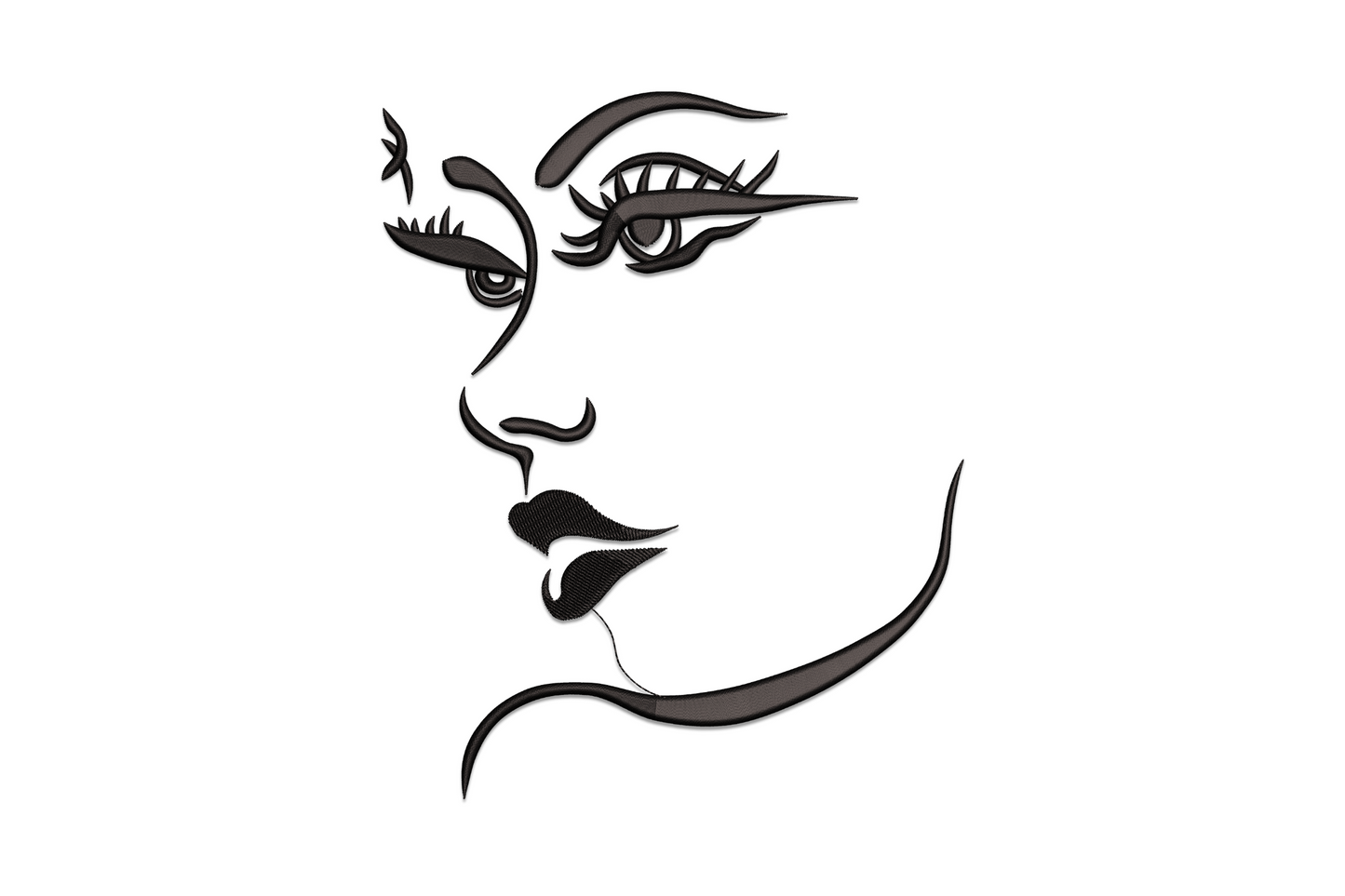 Minimalist line art embroidery of a woman face profile with bold satin lashes and lips, single black thread design