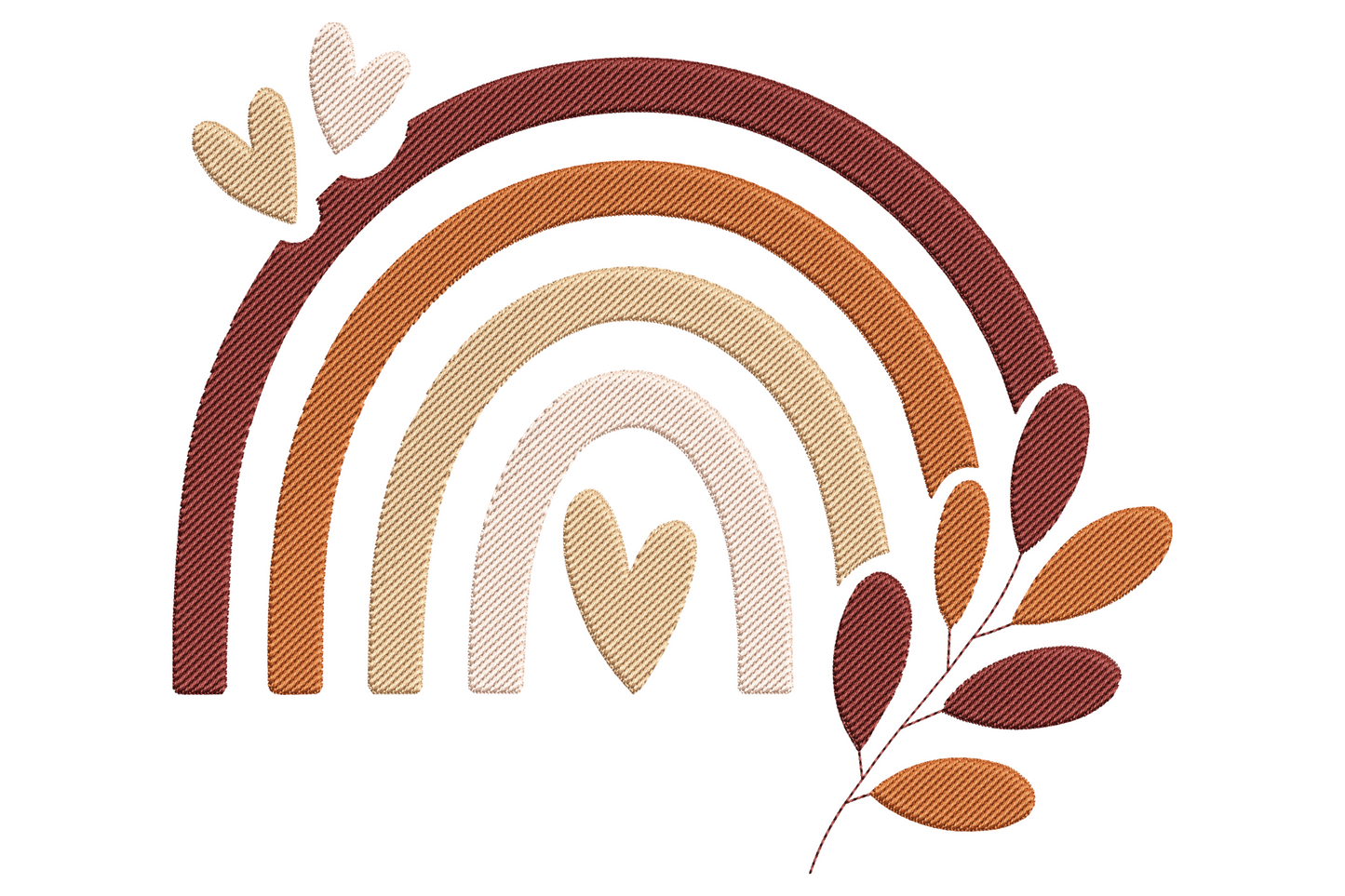 Modern boho rainbow embroidery design, wide arch in four muted earthy colours, terracotta, sage, blush and cream, on white background.