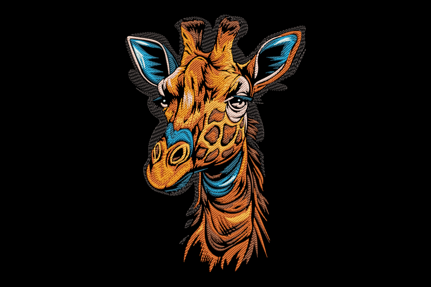 Modern giraffe head embroidery design with geometric patch markings, 9 colours, clean graphic style on white background