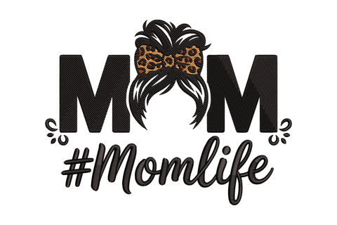 Design with 'MOM' text and a hair bun with a leopard print bow, '#Momlife' text embroidery design