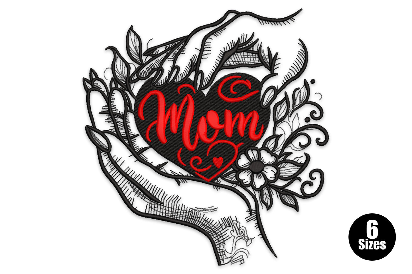 Mom embroidery design, two cupped hands holding a black heart with red Mom script and sketchy floral border.