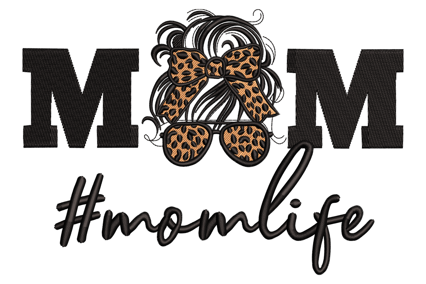 Mom Life leopard bow machine embroidery design, 2 colours, cream lettering with amber and chocolate leopard bow, on black tee, 9 sizes.