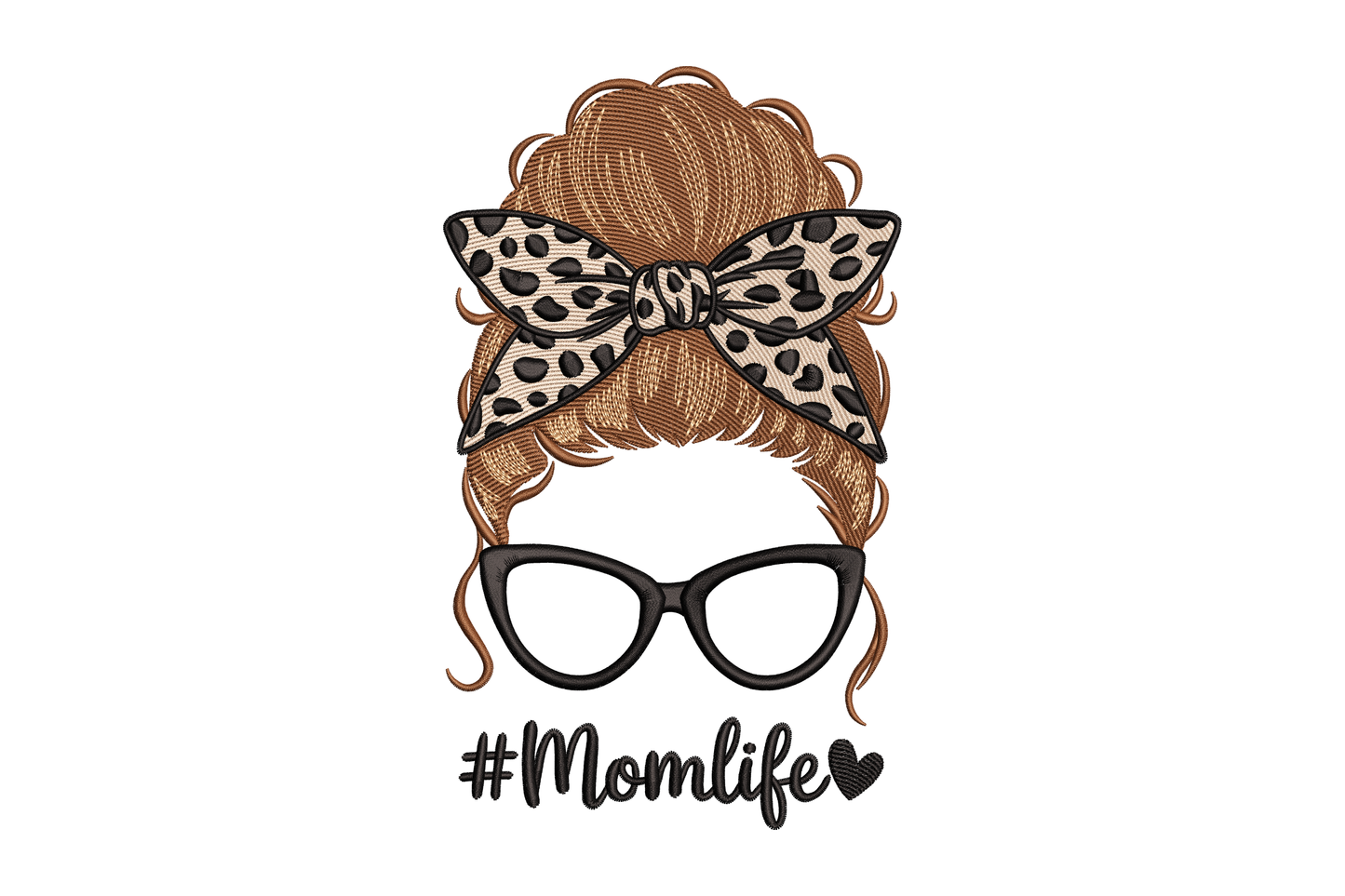 Illustration of a bun with a leopard print bow and glasses, featuring '#Momlife' text embroidery design