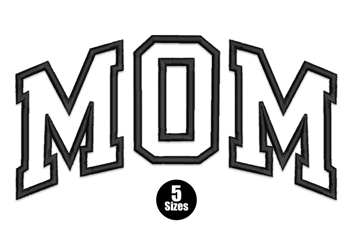 Bold varsity arch MOM embroidery in 3 colours, collegiate block letters arching for Mother's Day gifting