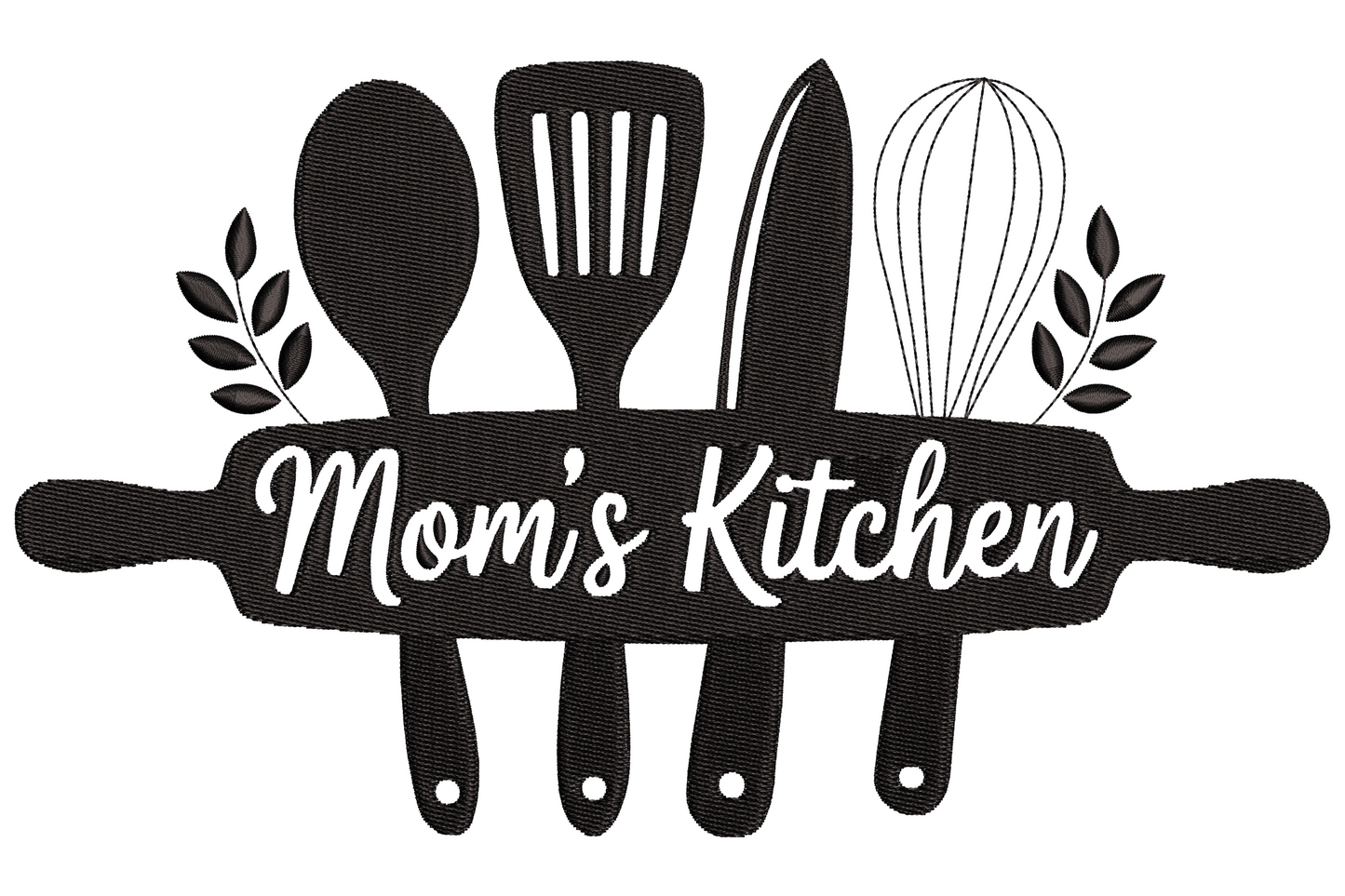 Mom's Kitchen retro cursive script embroidery design with swash flourishes on the M and K, single colour outline stitching.