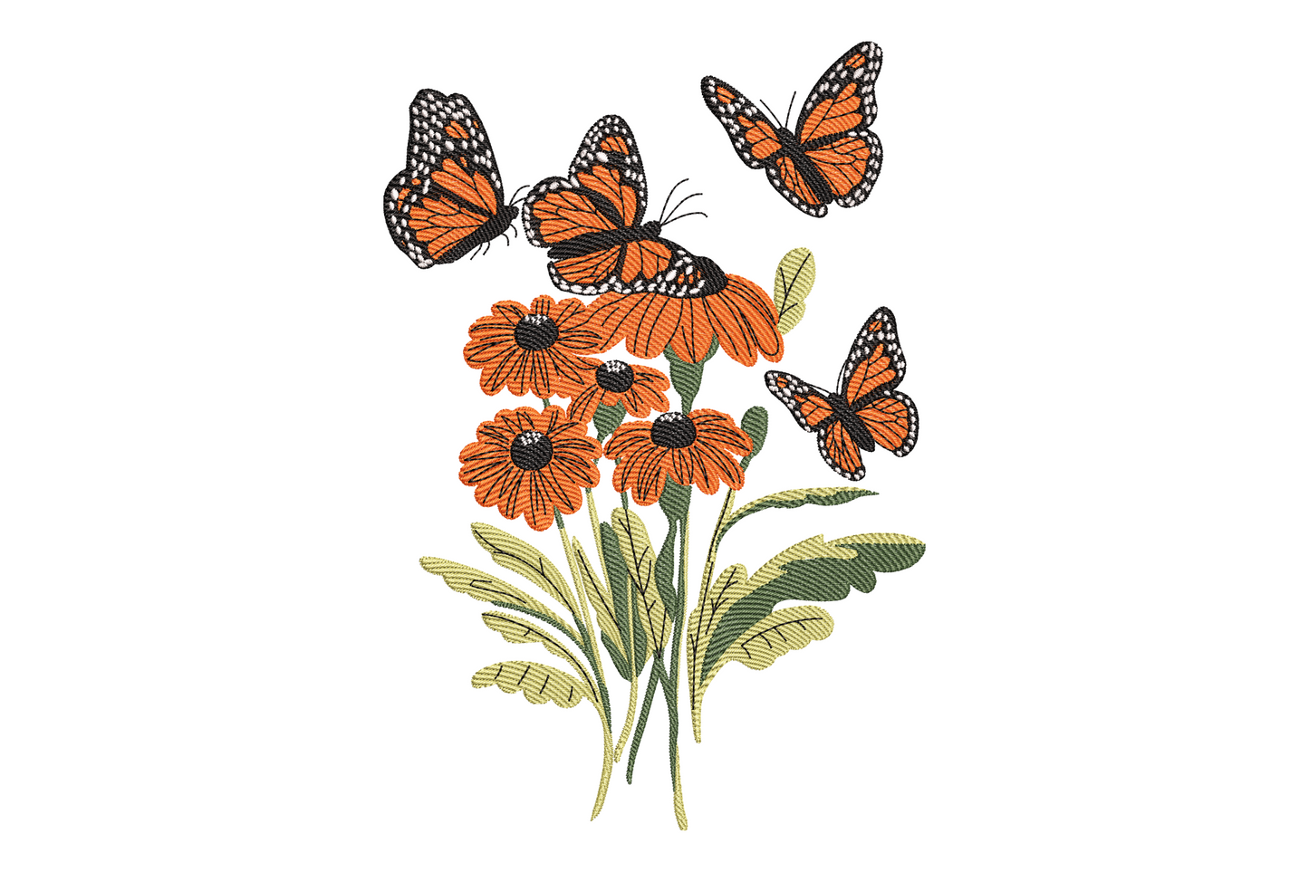 Monarch butterfly flower machine embroidery design in orange black and white with yellow floral bloom, butterfly perched on flower in botanical illustration style, six colour vertical composition