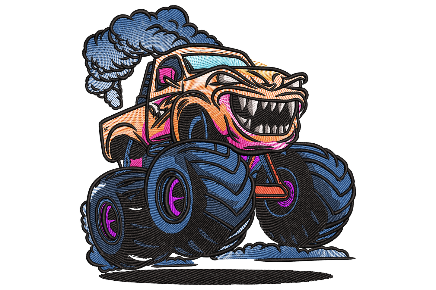 Cartoon monster truck with snarling toothy grille, fat black tyres with magenta hubs, peach orange body and smoke trail.