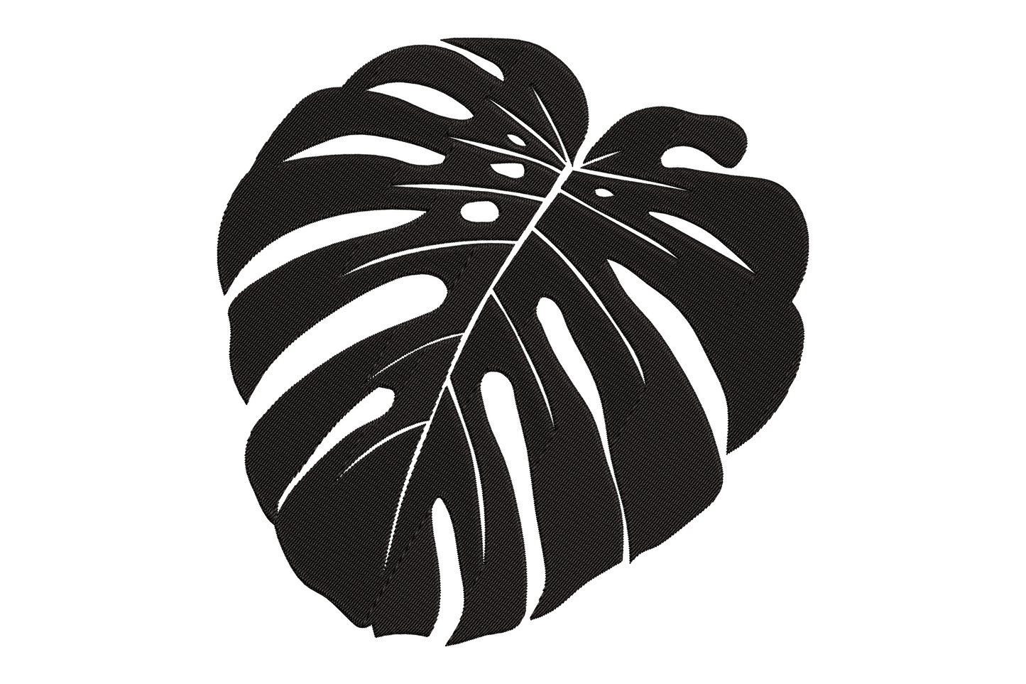Single monstera leaf solid filled silhouette bold graphic single colour, dense satin fill directional, strong tropical botanical embroidery design
