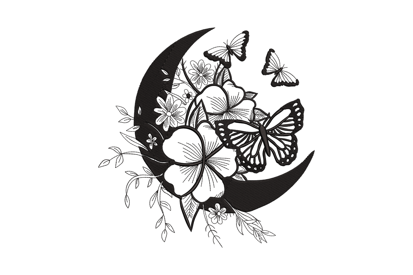 Moon butterfly floral embroidery design, black crescent moon with hibiscus flowers and monarch butterfly in single-colour linework