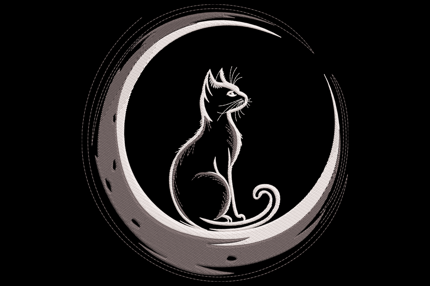 Minimalist cat silhouette sitting inside a crescent moon with ink-brush style outline embroidery in dark charcoal on white.
