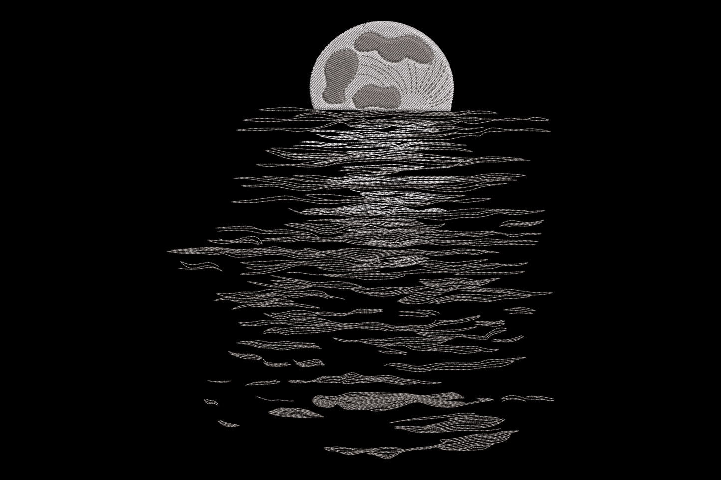Moon reflection embroidery design showing full moon orb above horizontal rippling water reflection strokes in two grey tones