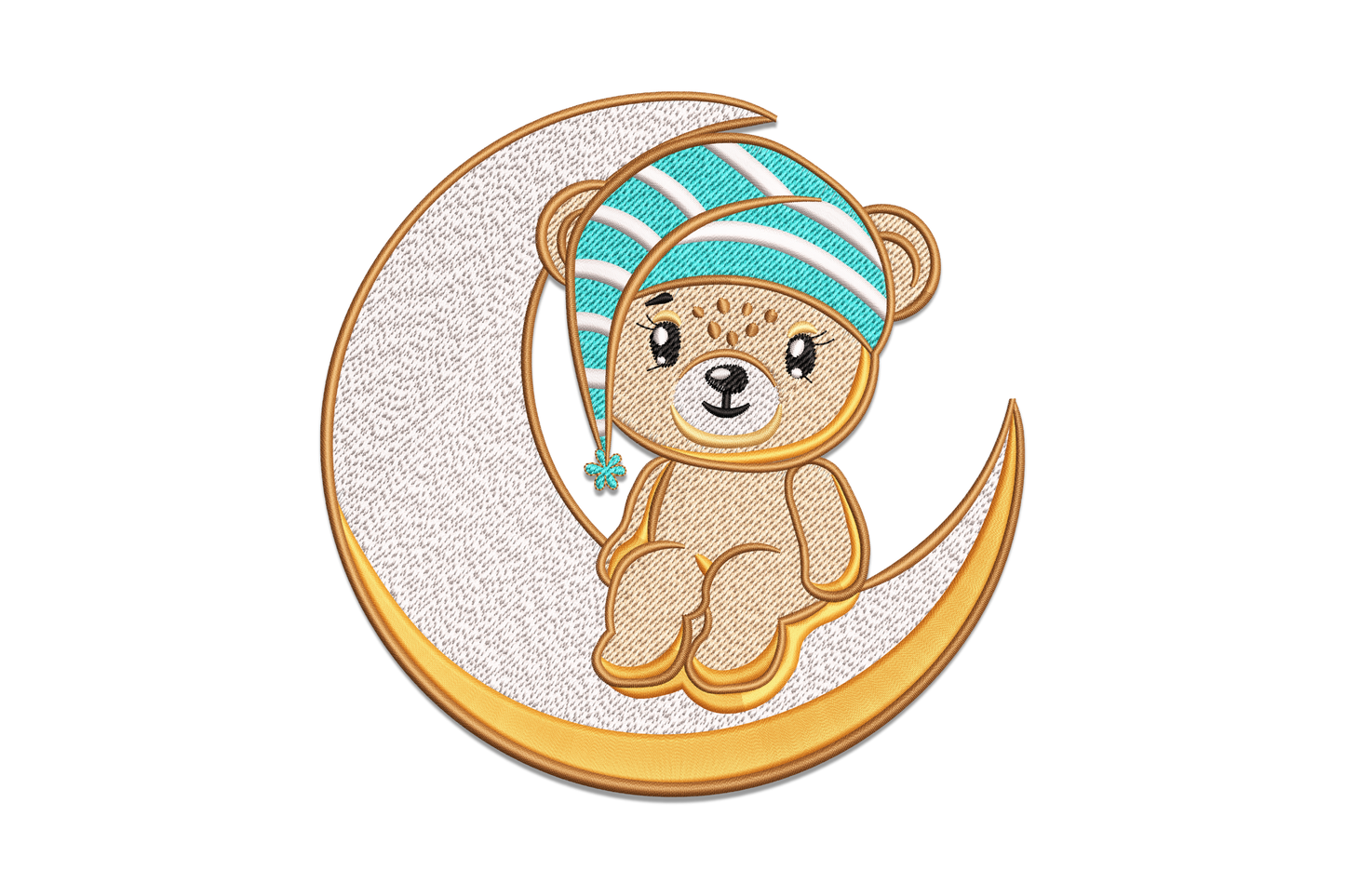Moon teddy bear embroidery design showing a chubby caramel bear sitting on a golden crescent moon wearing a teal striped sleep cap with a dangling snowflake charm.