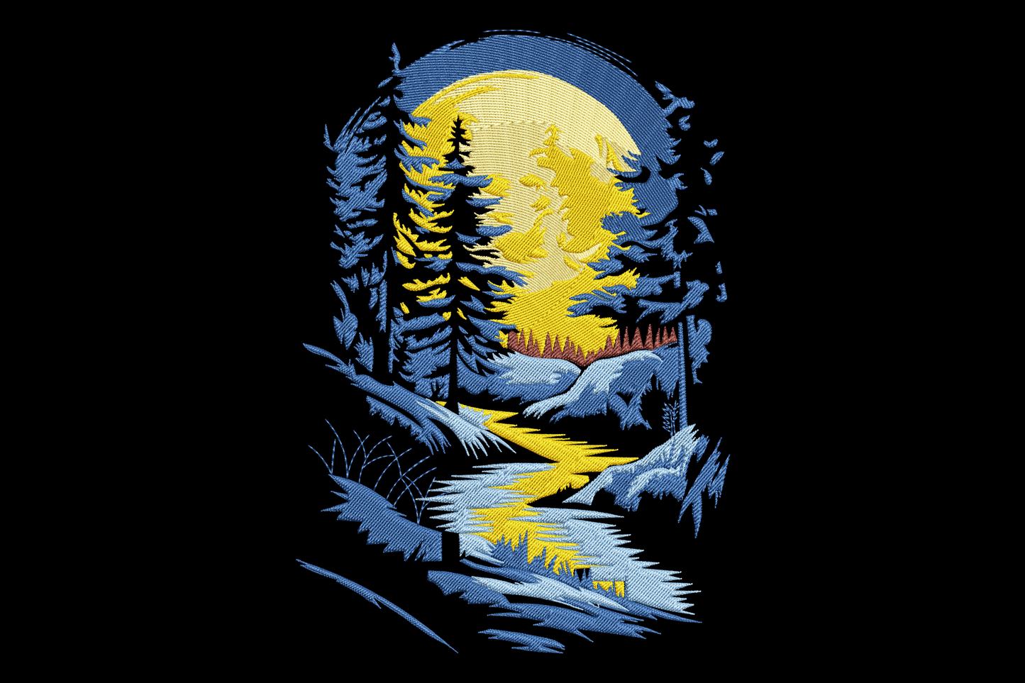 Moonlight forest river embroidery design with golden moon, navy pine tree silhouettes, river reflection and snow-dusted banks in a circular night scene.