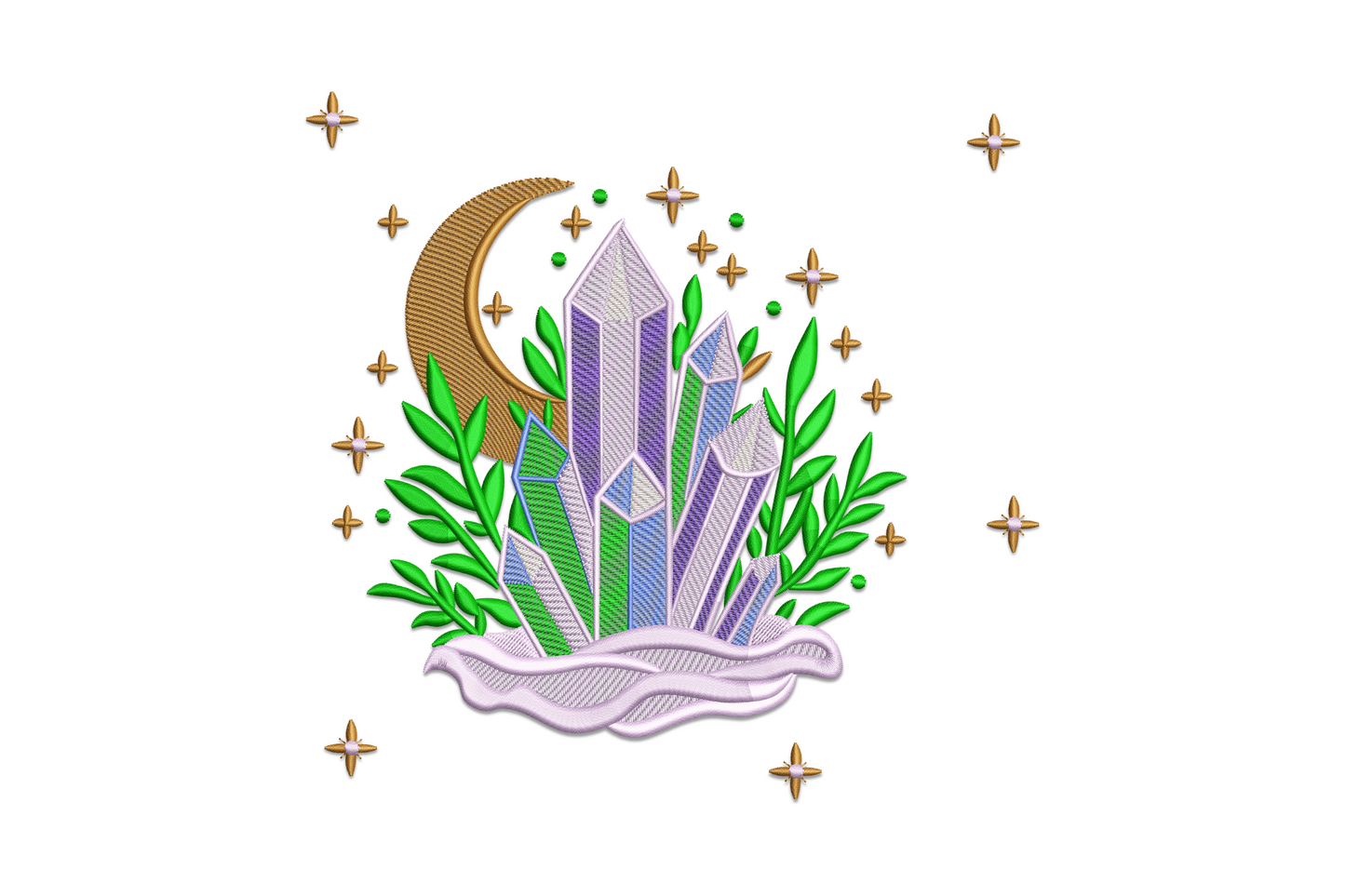 Moonlit crystal cluster embroidery with amethyst towers, sage botanical sprigs, gold crescent moon and scatter stars.
