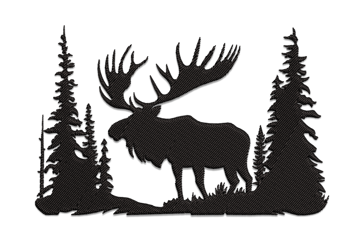 Moose forest silhouette embroidery design with pine trees, single colour, 4 sizes 1.62 to 3.48 inches wide
