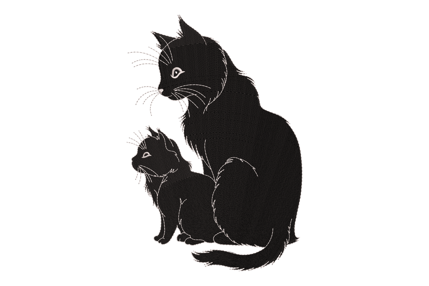 Mother cat and kitten silhouette embroidery, two black cats sitting together with white whisker lines and eye highlights.