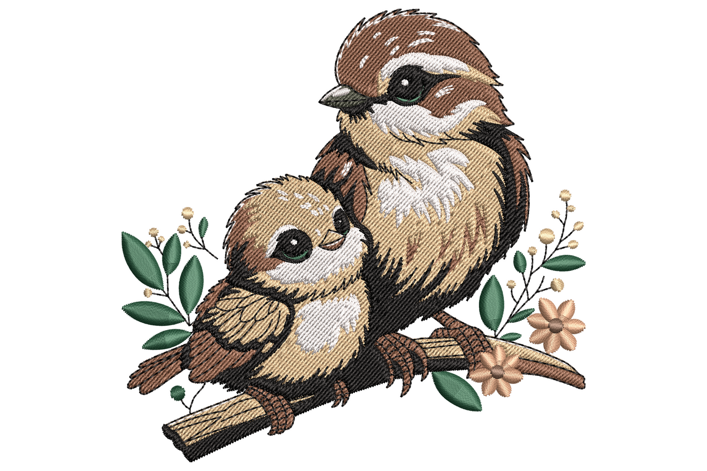 Mother and baby sparrow embroidery on a branch with green leaves, peach berries and a soft pink bloom in warm browns.
