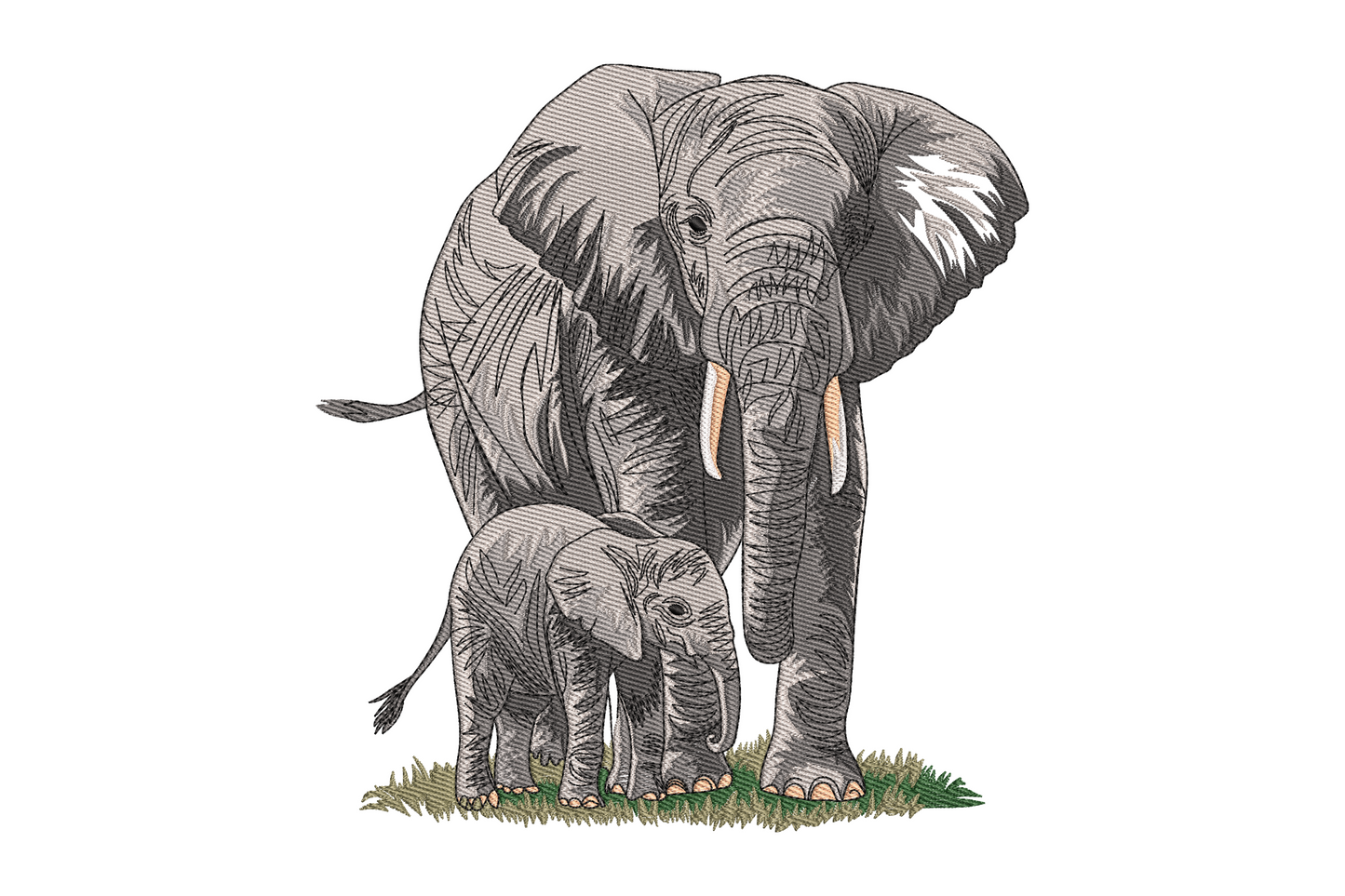 Mother and baby elephant embroidery design walking together in side profile, realistic shading with layered grey tones and detailed skin texture