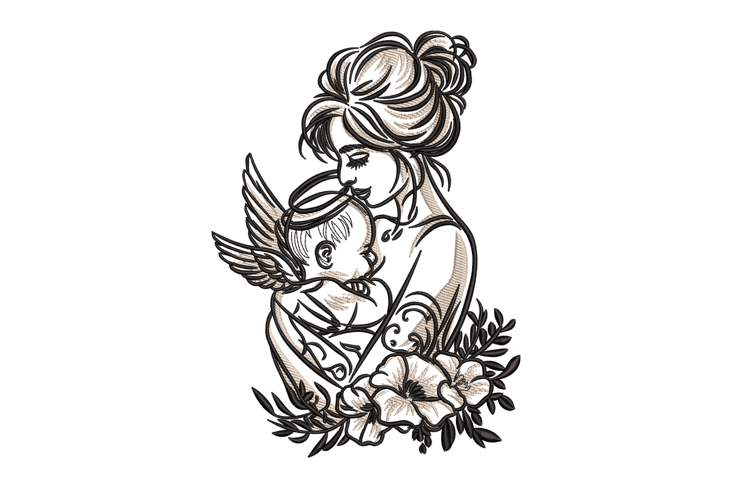 Mother and baby angel machine embroidery design, two-colour angel wings cradling figures on cream linen fabric