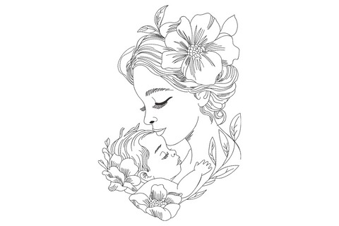 Single line embroidery of a mother holding her sleeping baby with a flower in her hair and leaves curling around them