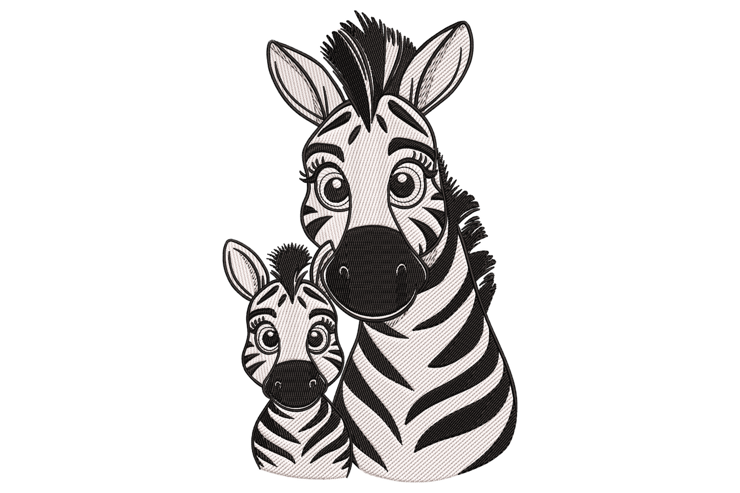Mother and baby zebra embroidery design with bold black stripes, white skin fill, baby tucked beneath the mothers neck.