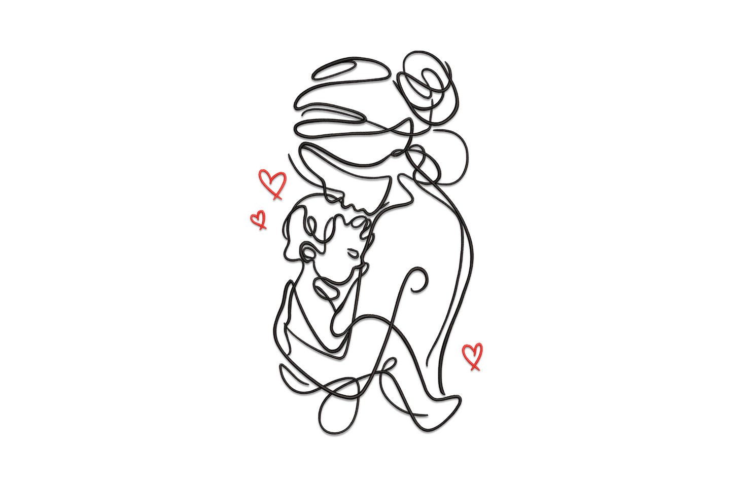 Mother and child line art embroidery, continuous outline of a mother holding her child close, minimal tender pose.