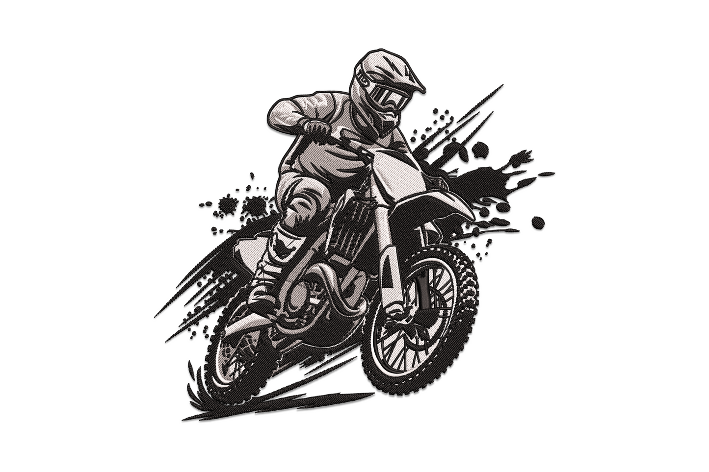 Motocross rider embroidery in charcoal grey and black, dirt bike leaning forward with speed splatter marks and motion lines.