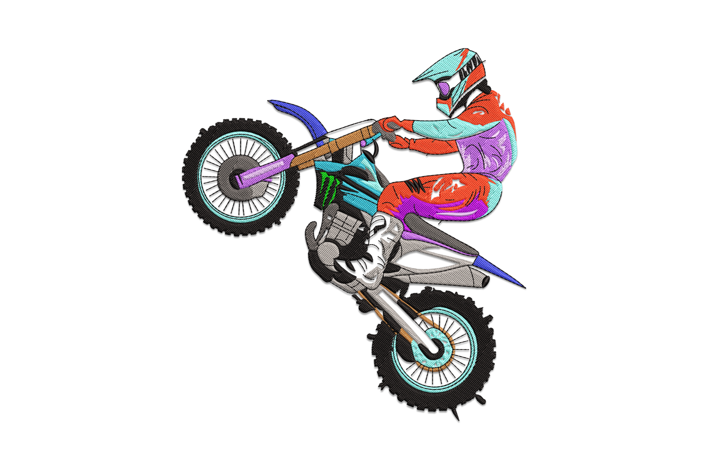 Motocross wheelie rider embroidery design, dirt bike front wheel lifted in wheelie with rider in full gear and dust spray behind