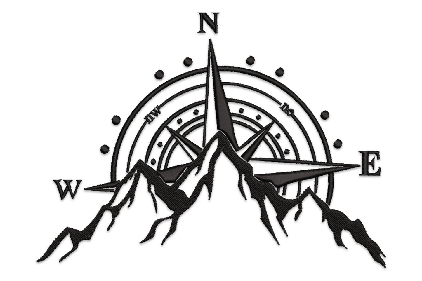 Mountain compass embroidery with compass rose over jagged peaks in black, 5 sizes.