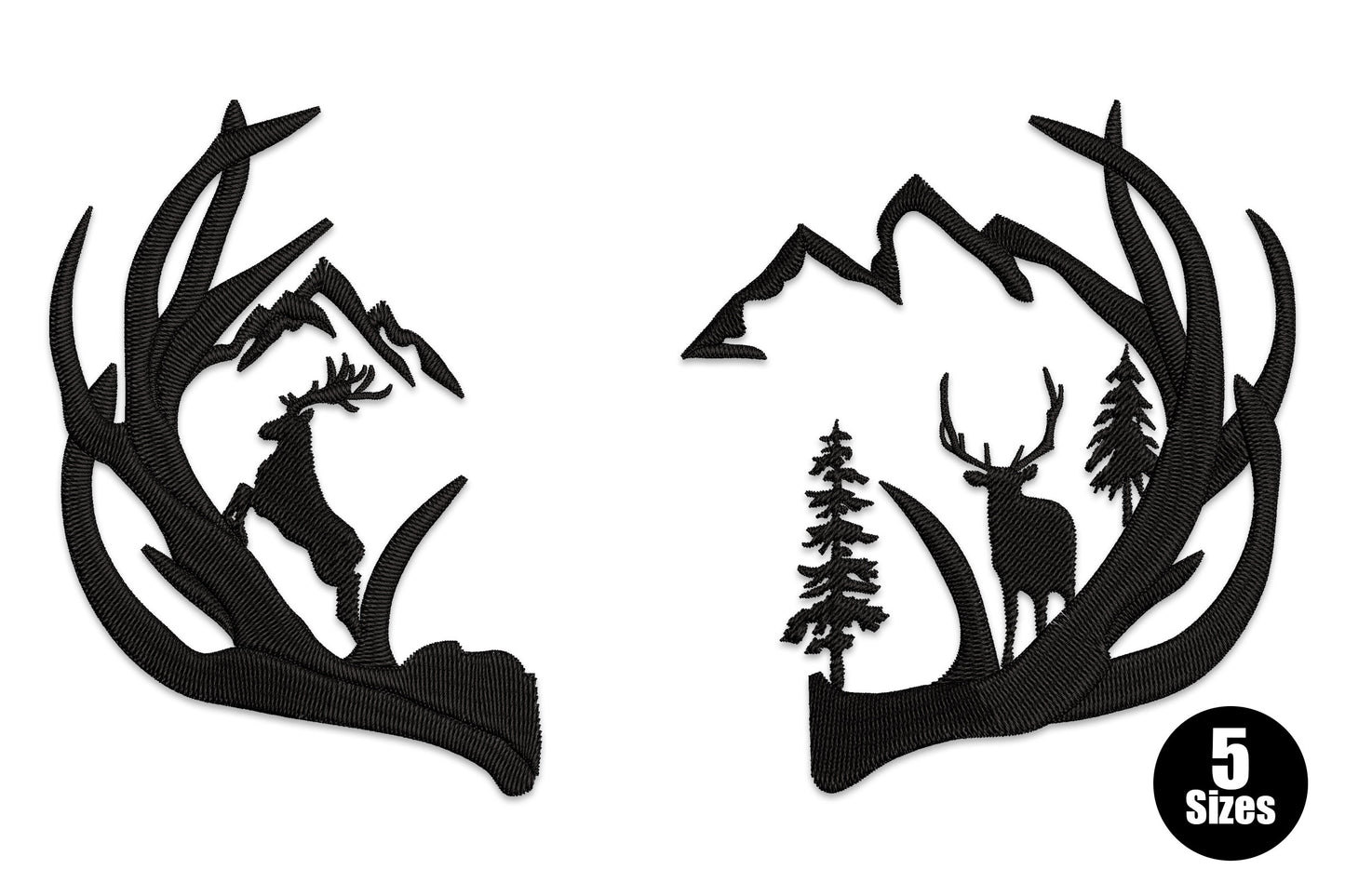 Black silhouette embroidery of two deer antlers framing a mountain woodland scene with a stag, pine trees and mountain peaks.
