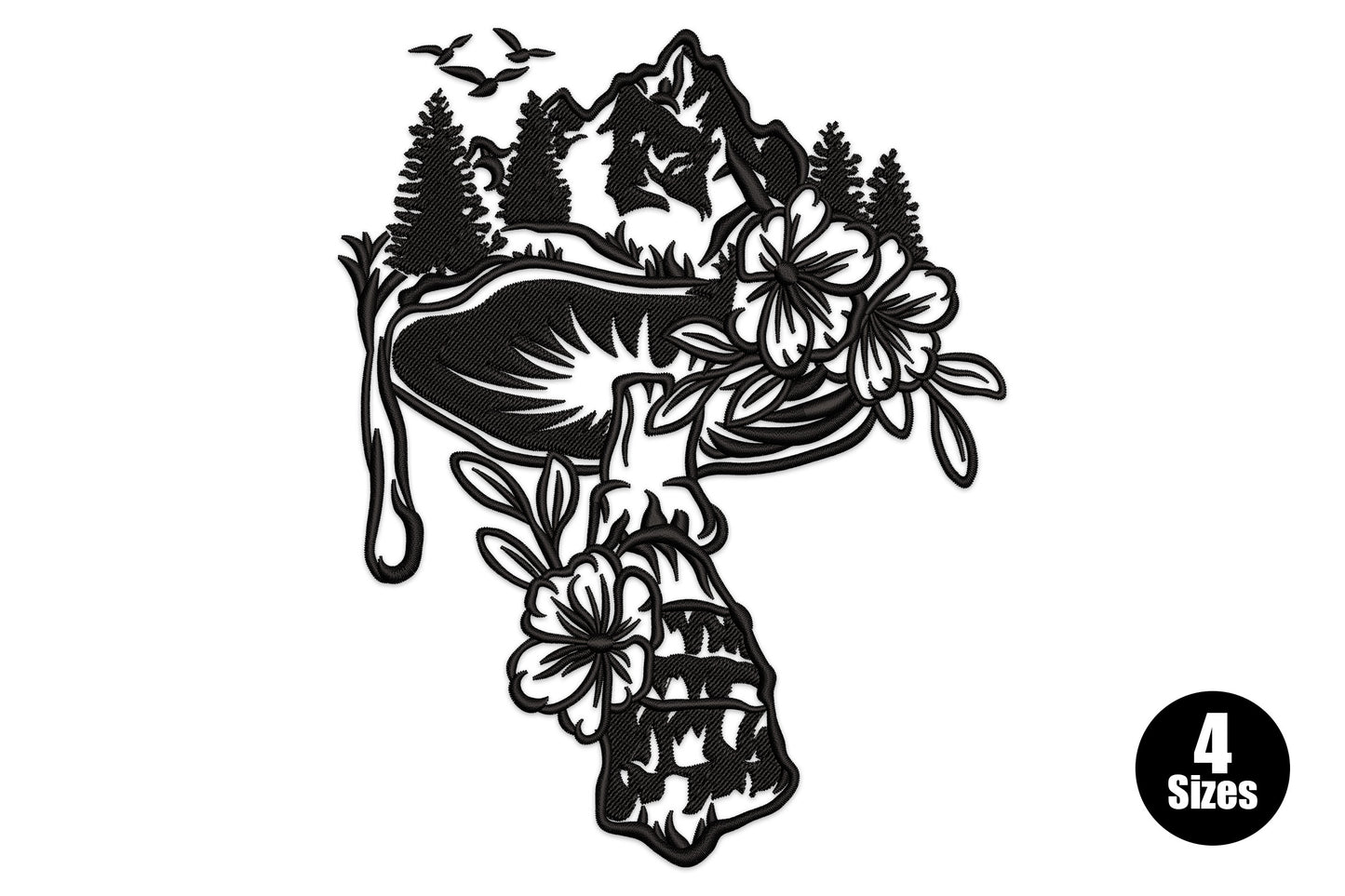 Mountain forest mushroom embroidery, mushroom silhouette containing mountain pine tree landscape and botanical flowers, black, 4 sizes 4 to 7 inches