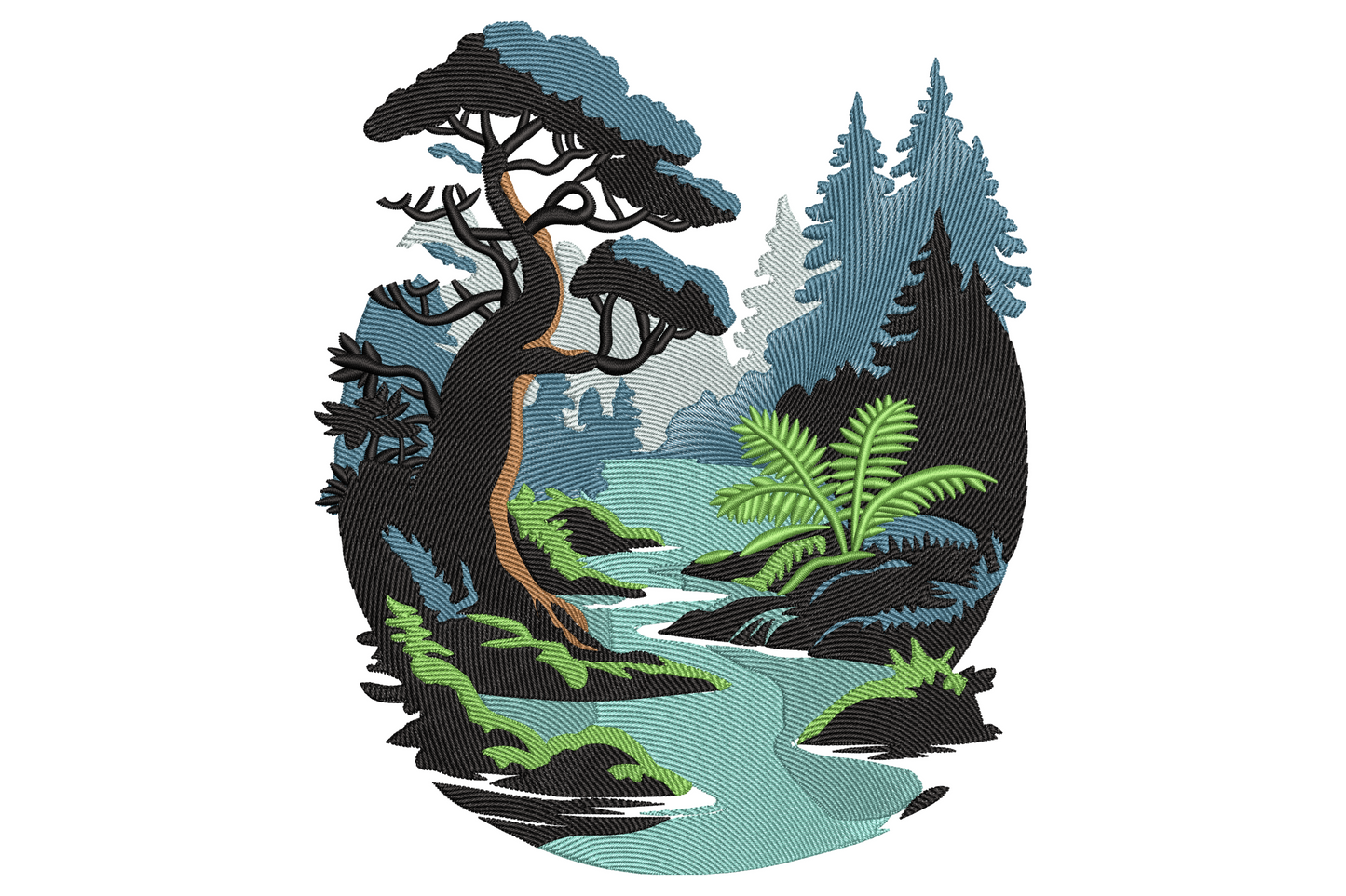 Embroidery circular woodland scene with a tall leaning tree, dark evergreens, green ferns and a pale river winding through.