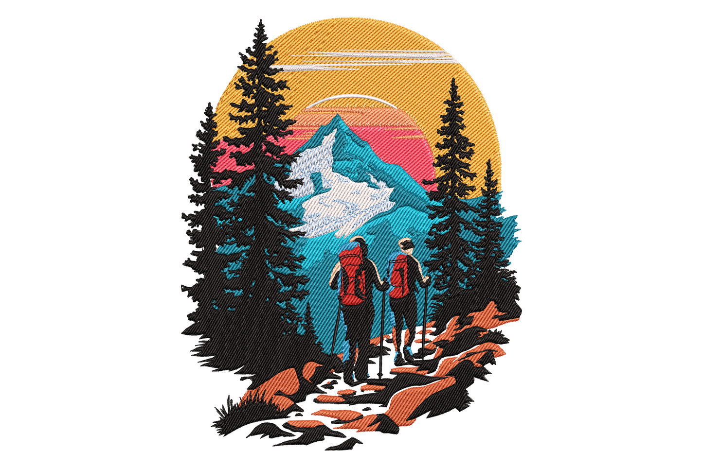 Mountain hiking adventure embroidery, two hikers with backpacks on a trail, dark pine trees, teal snow peak, golden sun disc.