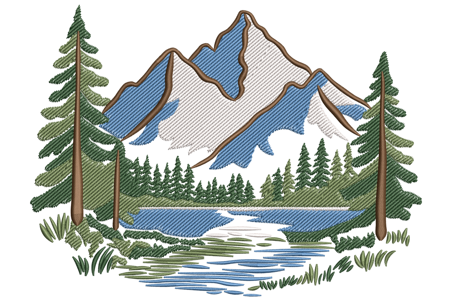 Mountain lake landscape embroidery design with snow streaked peaks, sage and forest green pine borders and a winding river.
