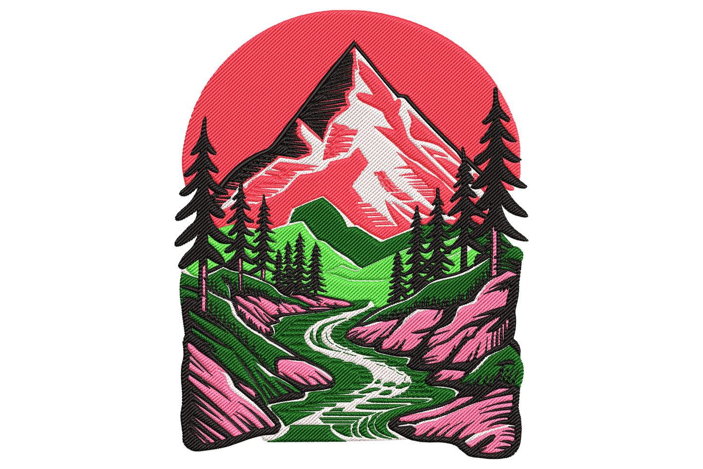 Mountain landscape embroidery in arch vignette shape with white snow peak, rose-pink rocks and circular sun, dark pine trees and winding white river in 6 colours.