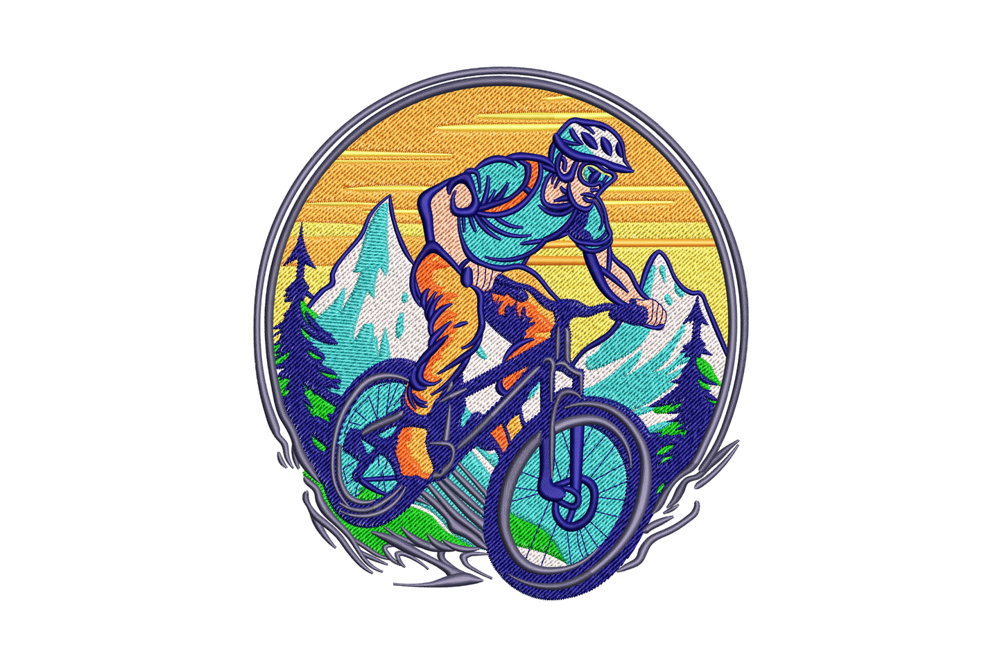 Mountain bike trail rider embroidery design in circular badge style, 10 colors with pine trees and mountain peaks