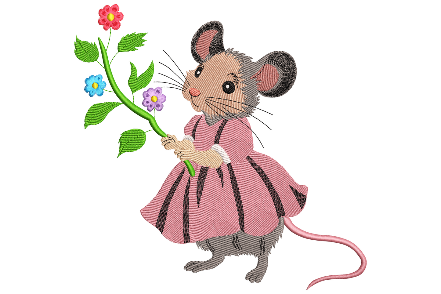 Mouse in pink pinstripe dress holding flower stem embroidery, three small blooms in red, blue and purple, storybook style.