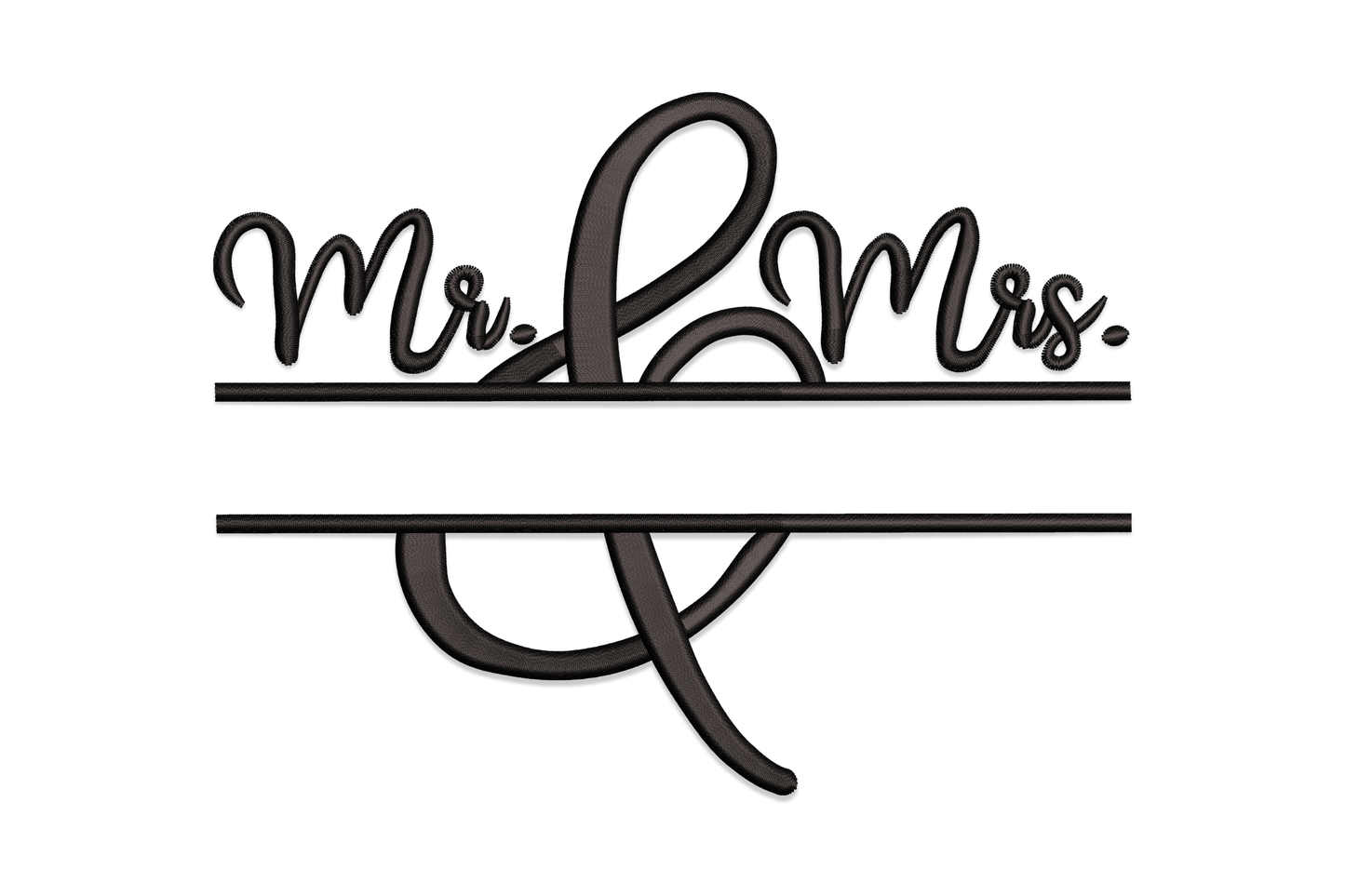 Mr and Mrs ampersand wedding embroidery design with split rule and large script ampersand drop, black thread formal style.