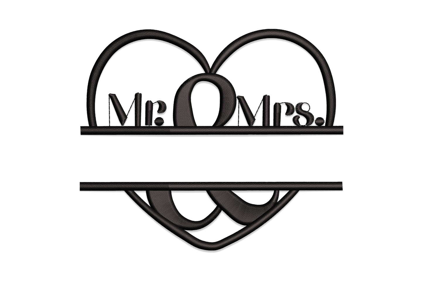 Mr and Mrs heart monogram embroidery design with interlocking split heart frame, black thread, wedding motif.