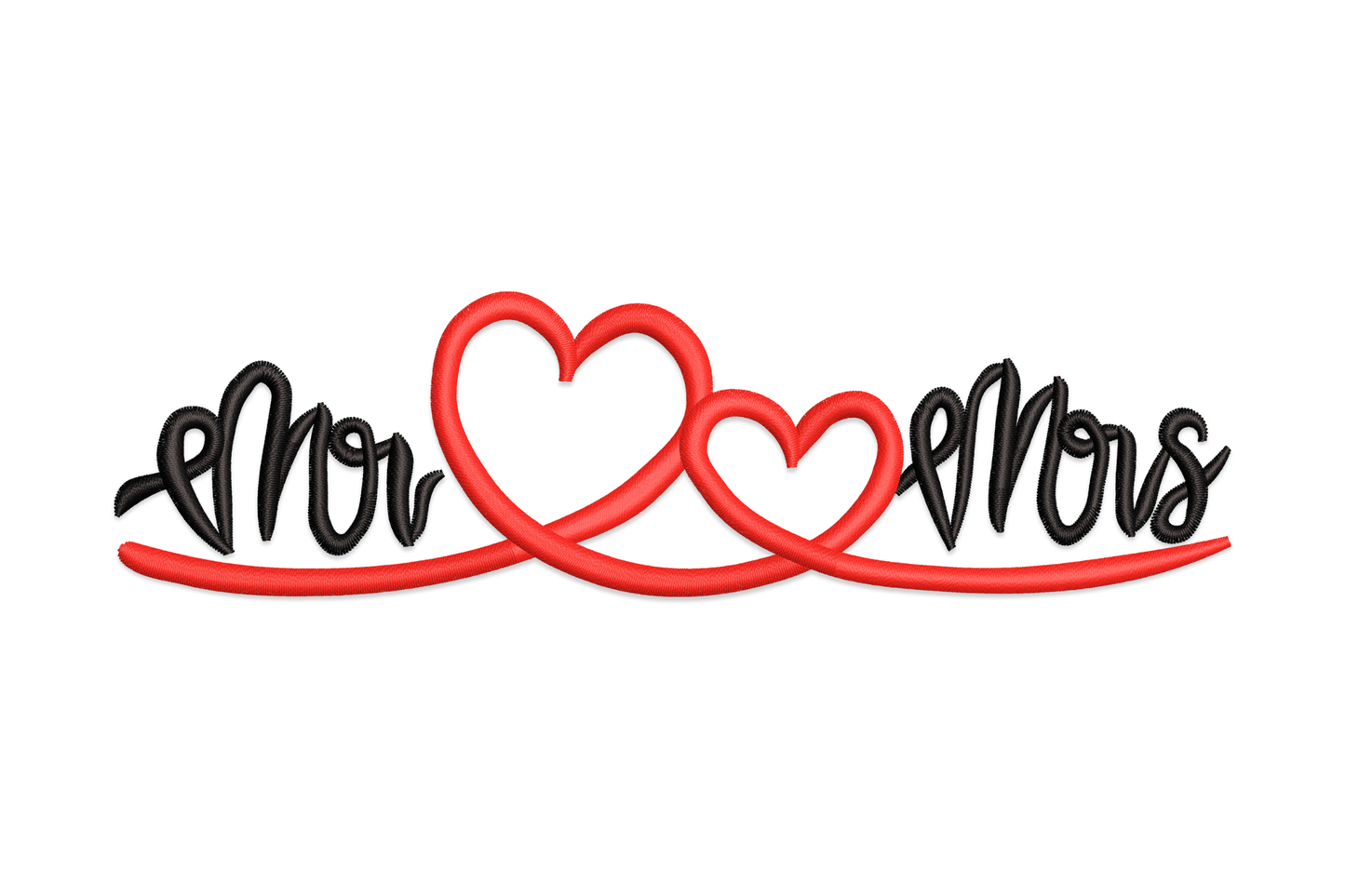 Mr and Mrs heart script embroidery design, wide horizontal banner with two red outline hearts in centre, black and red thread.